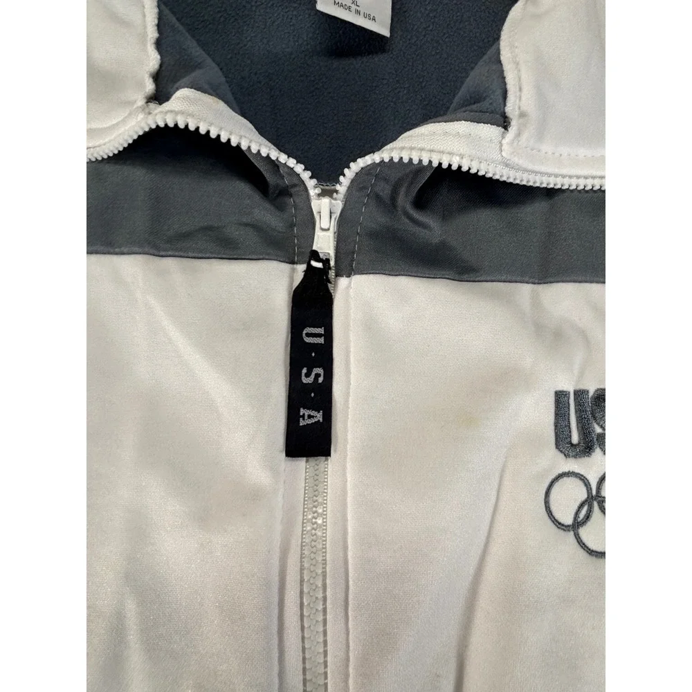 USA Olympic Committee Track Jacket Mens XL White Grey Good Fleece lined USA made